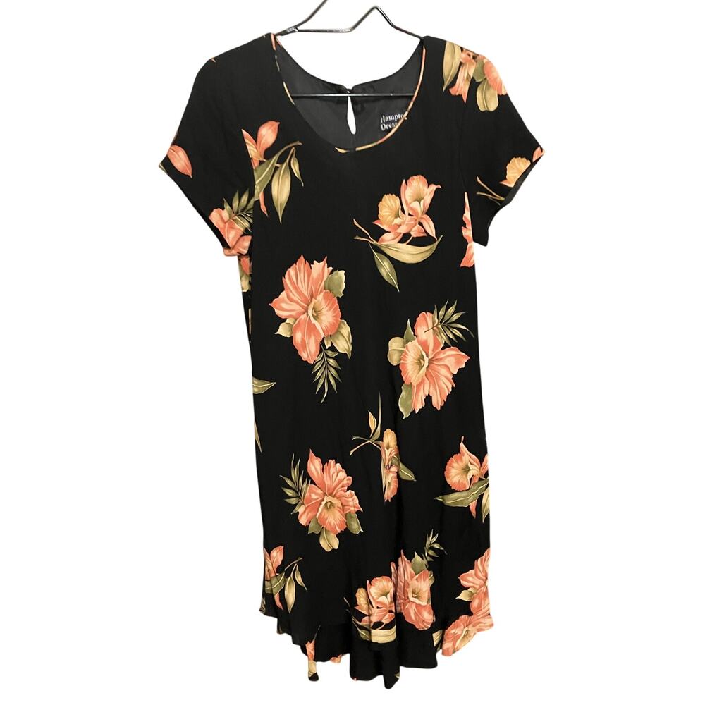VTG 90s Hampton Dress Size 12 Black Orange Floral Lettuce Hem Double Lettuce Hem